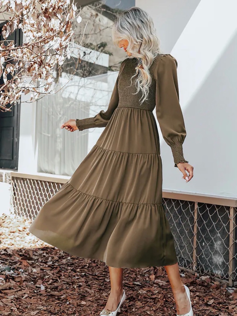 Cupshe Coco Smocked Tiered Flounce Midi Dress brown